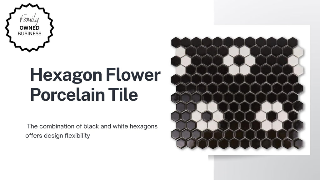Classic Black & White Hexagon Flower Porcelain Mosaic Tile - 1x1 Floral Hex Pattern for Floor, Shower & Backsplash
