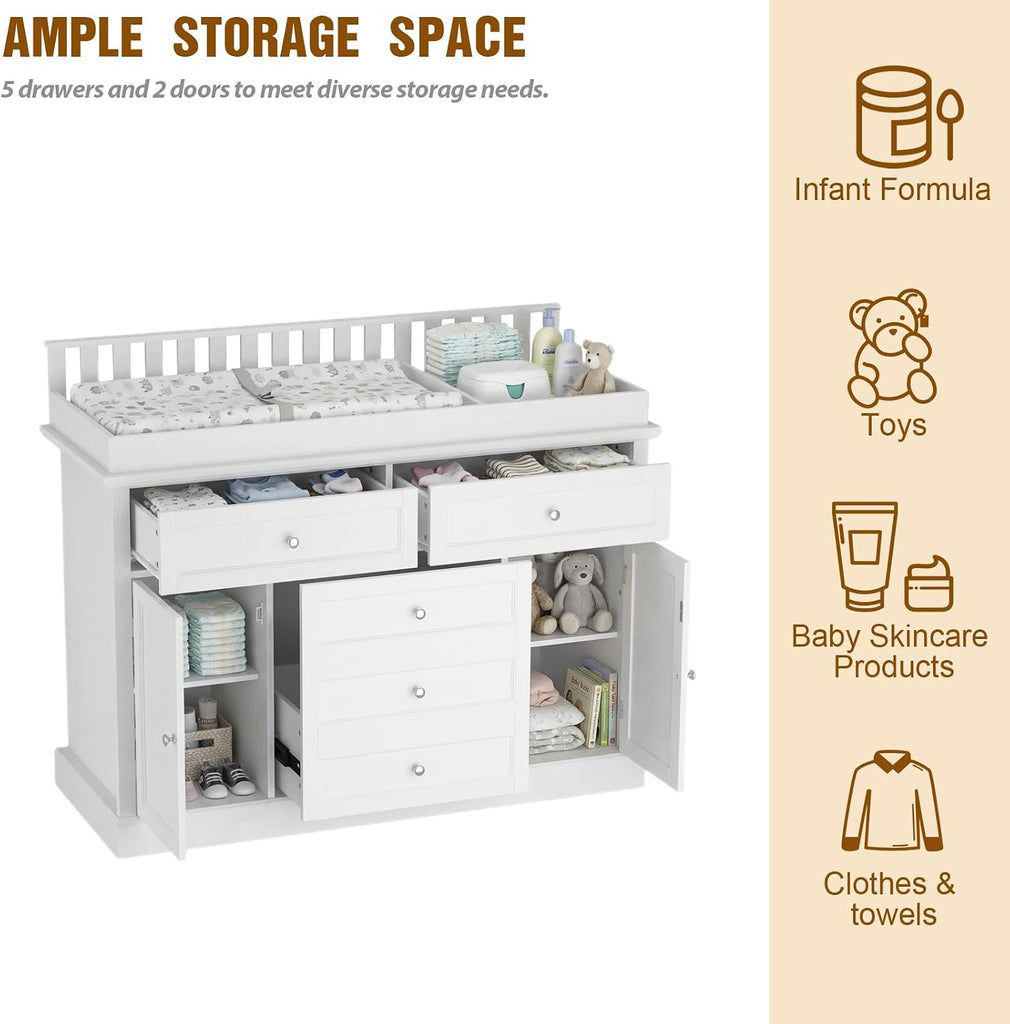 46" Baby Dresser with Changing Table Top, White Dresser with Storage Drawers and Doors, Multifunctional Nursery Baby
