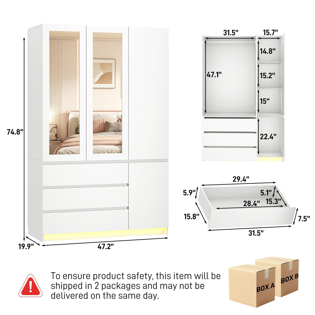 75"H Tall Modern 3 Doors Wooden Armoire Wardrobe Closet with 3 Drawers & 2 Mirror, Clothing Storage Cabinet with