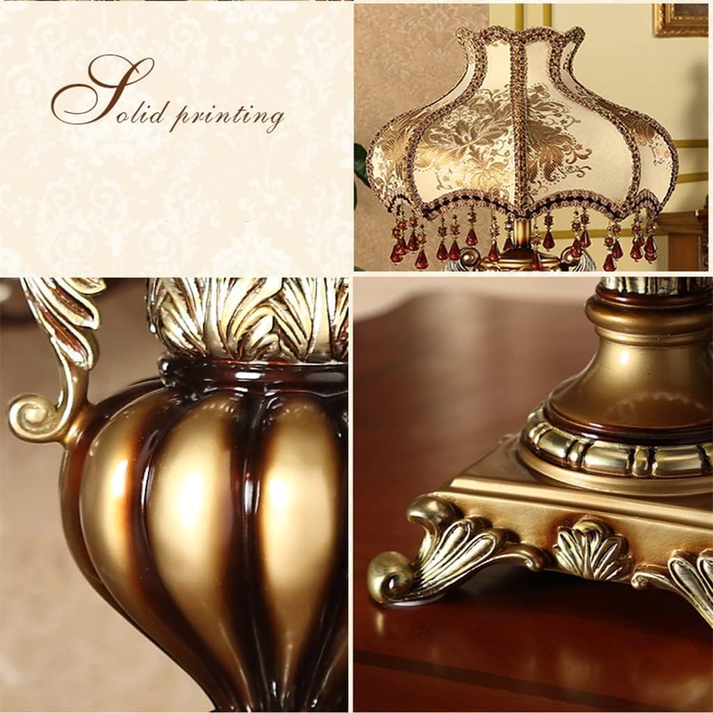 Victorian Crystal Table Lamp, 20.1-inch Resin Base, Gold Antique Design with Crystal Pendants, Silk Shade