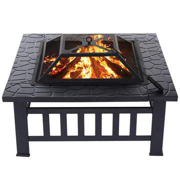 32'' Fire Pit Wood Burning Firepit Metal Square Outdoor Fire Pit Steel BBQ Grill Fire Pit Bowl with Spark Screen