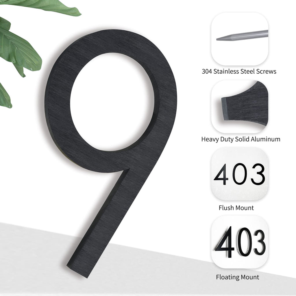 8 Inch Modern House Numbers - Black Metal Large Address Numbers, Floating Flush Mount Aluminum