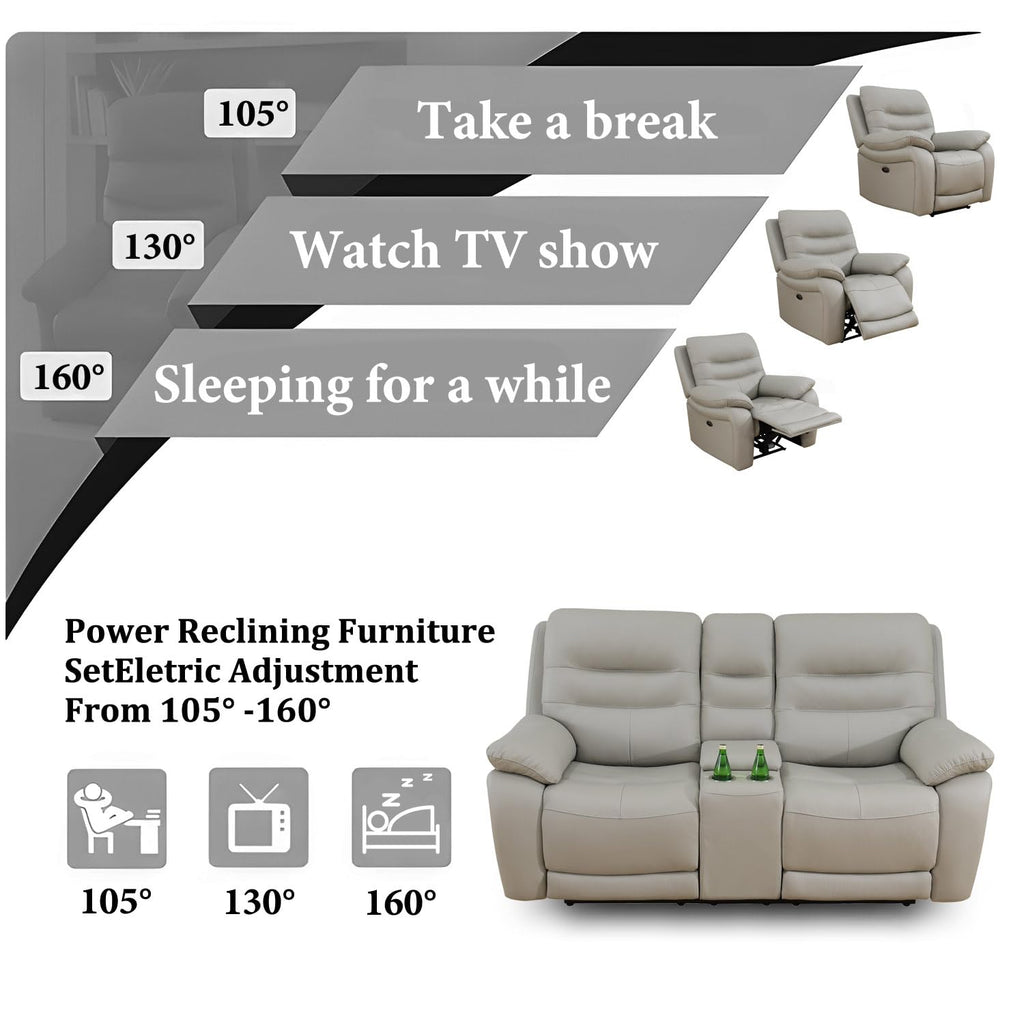 Power Reclining Sofa, 3-Seater Genuine Leather Recliner Couch, Light Grey Top Grain Leather Sofa with USB Port
