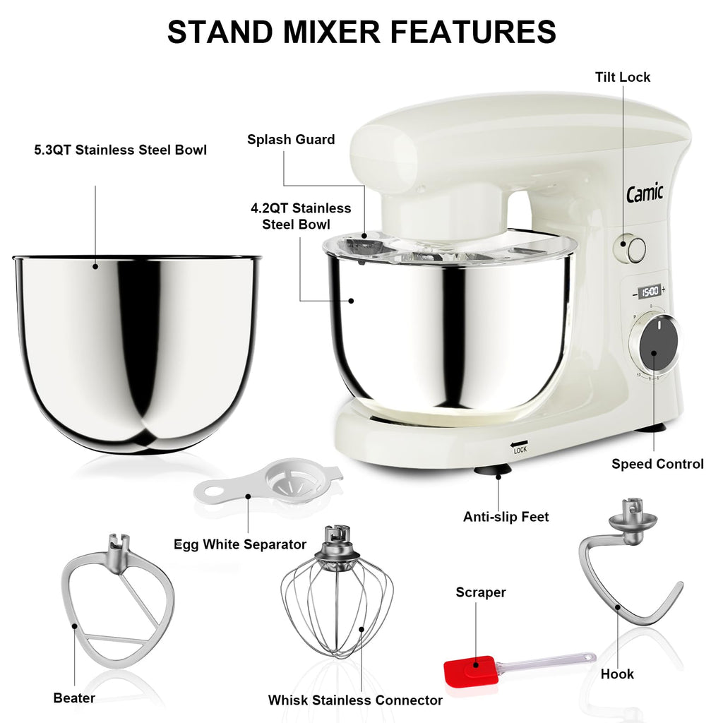 Stand Mixer, 4.2QT+5.3QT Two bowls Electric Mixer,White