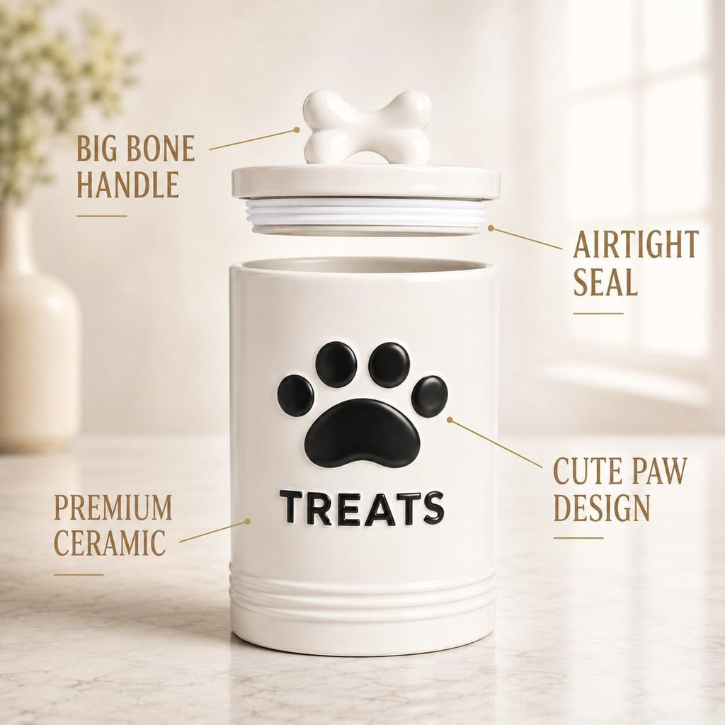 White Dog Treat Container, 5.3''×9.1'', with Airtight Lid, 7 Cups Capacity