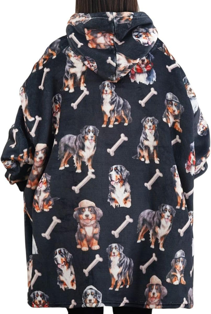Bernese Mountain Gifts for Women & Men, Bernese Mountain Themed Wearable Flannel Blanket Hoodie, Oversized Hooded