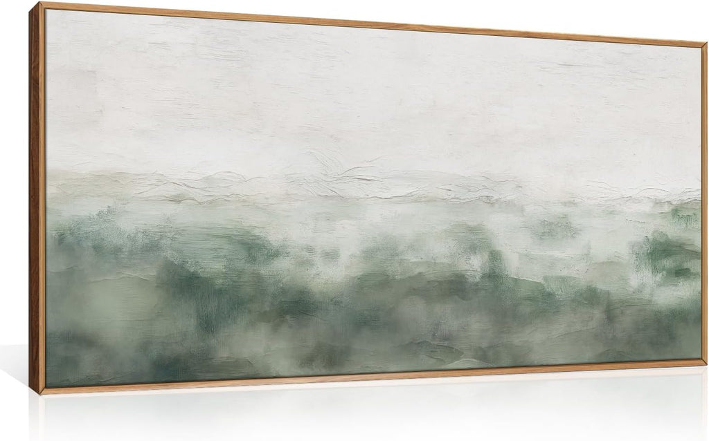 Large Abstract Grey Green Framed Canvas Wall Art,Watercolor Neutral White Wall Decor,Modern Pastel Wall