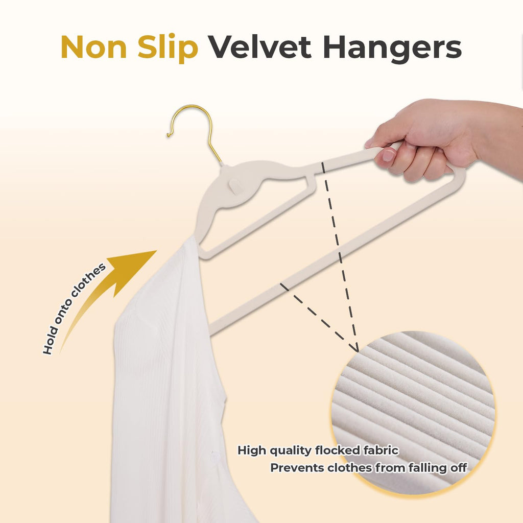 Ivory Velvet Hangers 50 Pack with Stackable Cascading Gloden Hook