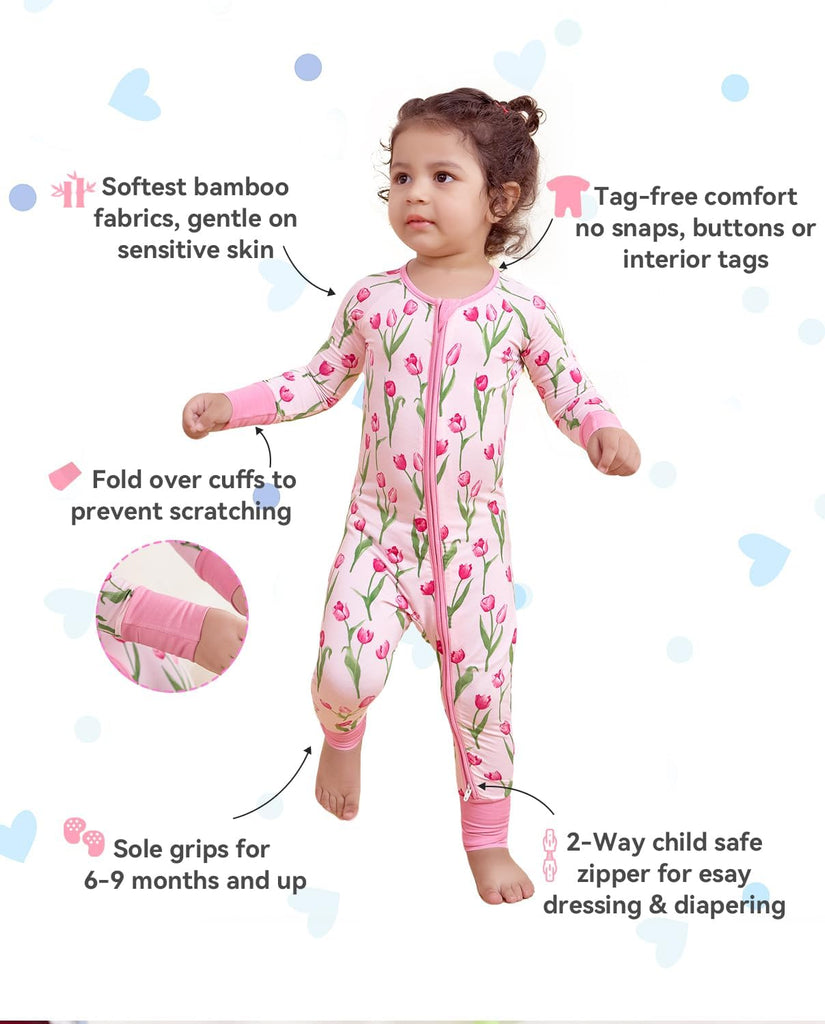 Viscose Derived from Bamboo Baby Footie Pajamas Convertible Sleeper for Baby Girl Zipper Onesie