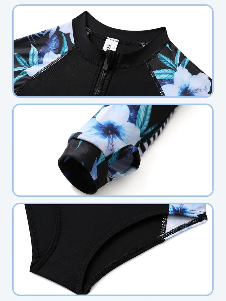 Girls Long Sleeve Rashguard Swimsuit UV Protection One-Piece Swimwear Bathing Suit