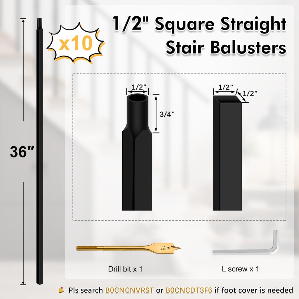 10 Pcs Iron Balusters for Staircase, 1/2" x 36" Wrought Iron Balusters, Metal Square Straight Hollow Iron Spindles