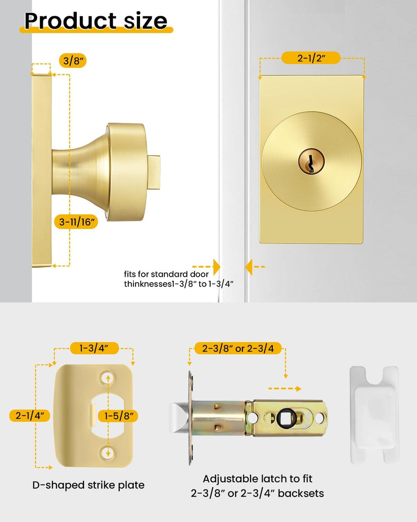 Brushed Gold Exterior Door Knob with Lock and Key 1 Pack