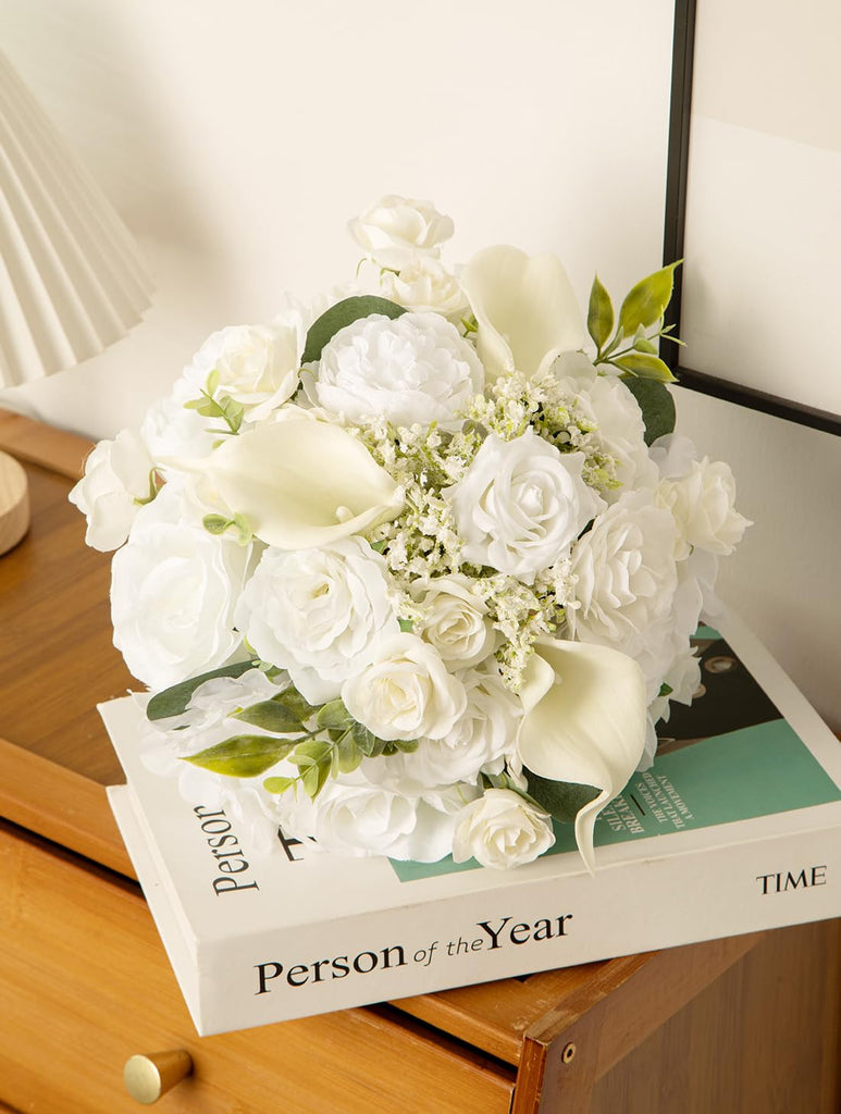 9'' White Artificial Wedding Bouquet - Peony, Rose & Calla Lily Bridal Bouquets for Bride Bridesmaids | Wedding