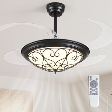 48''Tiffany Rustic Retractable Ceiling Fan with Lights, Farmhouse Black Fandelier, Dimmable LED 6 Wind Speed