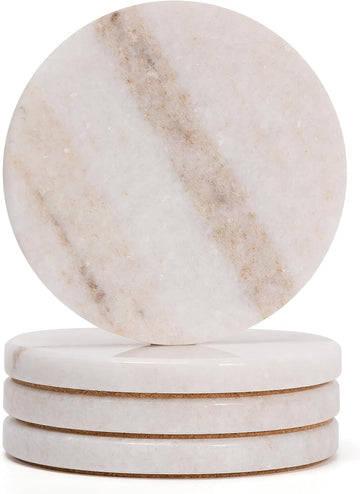 Cream White Marble Coasters, Modern Neutral Drink Coaster for Coffee Table, 4" Round Polished Natural White - Set of 4
