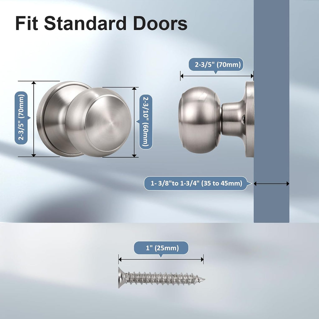 6 Pack Non-Turning Dummy Knobs - Keyless Closet Door Knobs Interior, Satin Nickel, Individual, Single Side