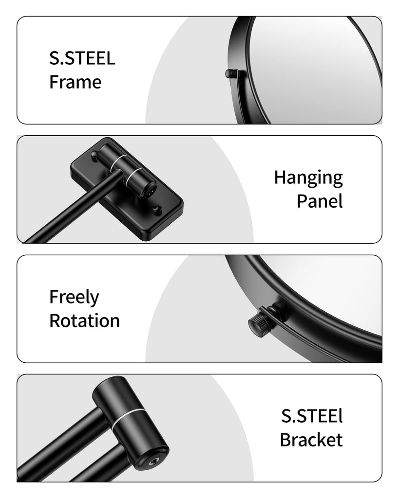 9" Large Size Wall Mount Magnifying Mirror, 1X/10X Magnification Double-Sided, 360° Swivel Extendable Cosmetic Vanity