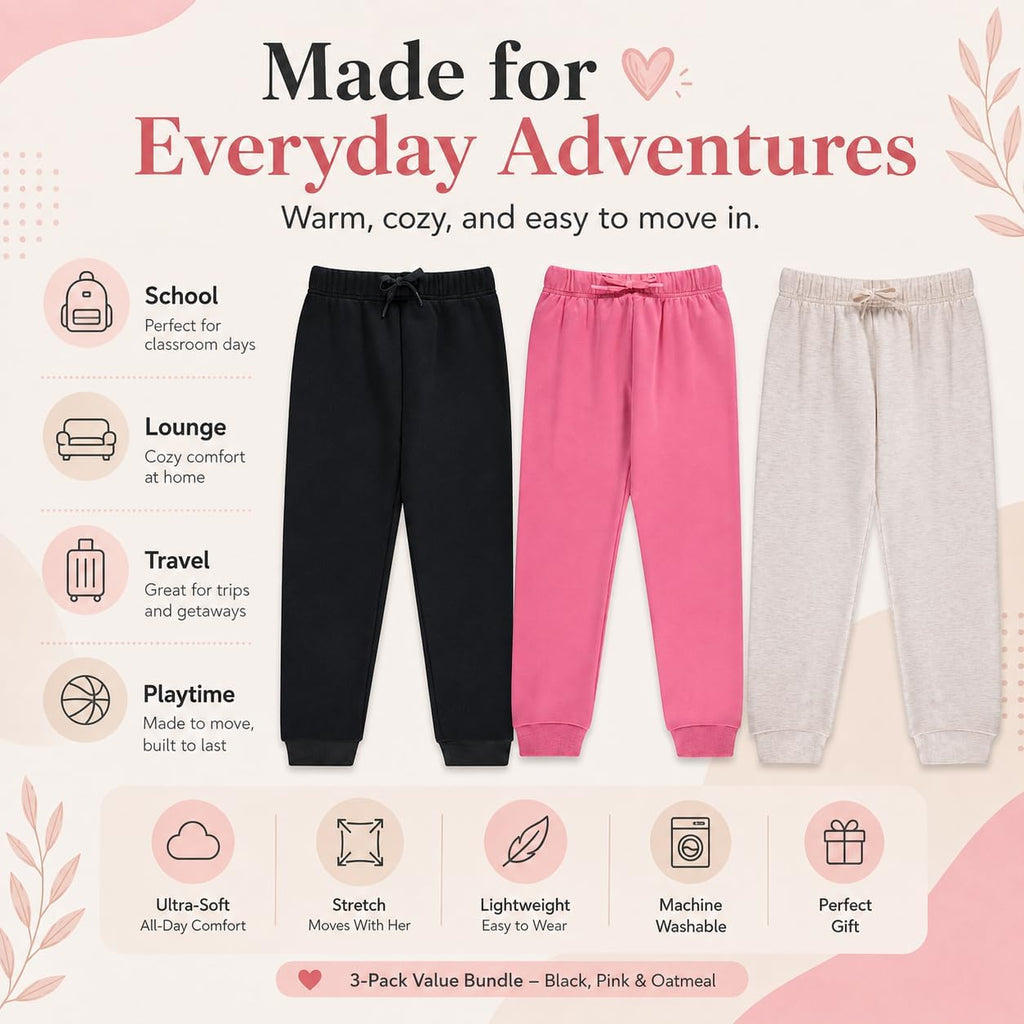 Kids Girls Fashion Stretch Waist Ultra Soft Jogger Pants Set 3 Pack Bundle