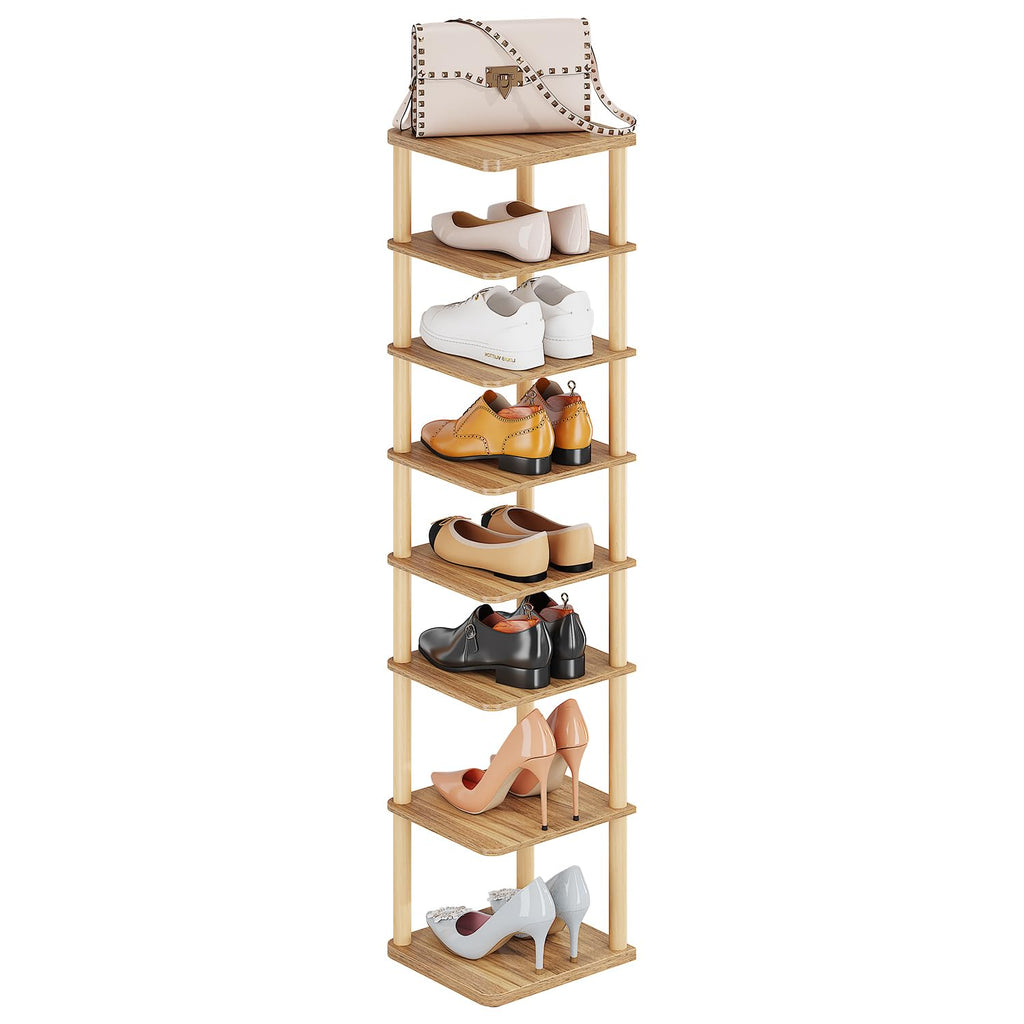 8 Tiers Vertical Shoe Rack, Tall Narrow Shoe Tower Corner Shoe Rack, Walnut