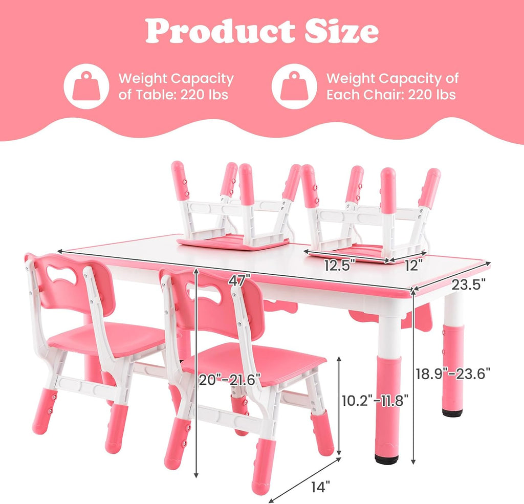 Kids Table and Chiar Set, Height Adjustable Toddler Desk and 4 Chairs with Graffiti Desktop Non-Slip Legs, Large 47"