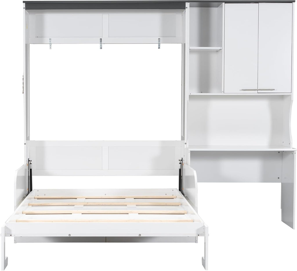 Queen Wood Murphy Bed with Upholstered Sofa & Desk, Multifunctional Foldable Wall Platform Bed for Guest-Room