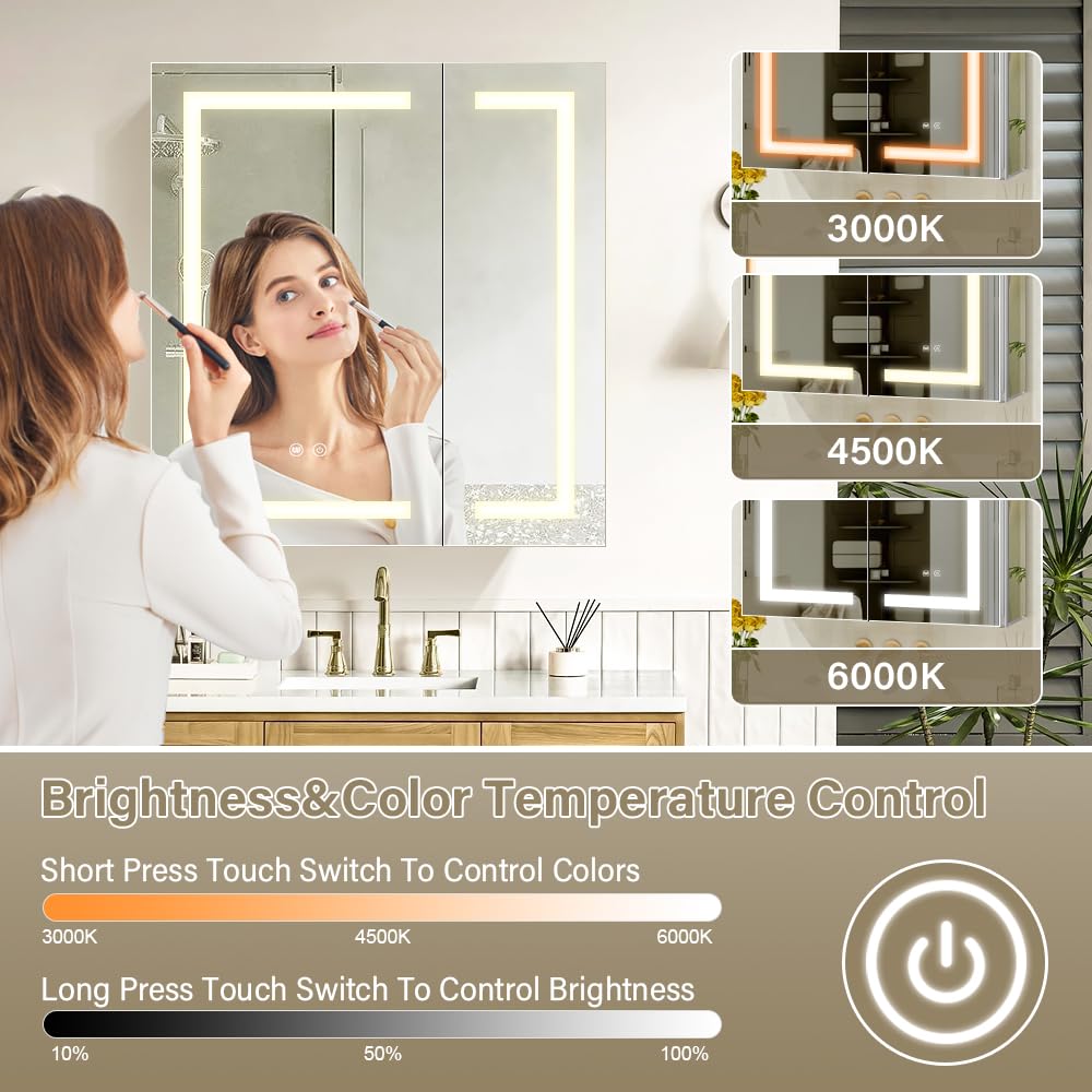 LED Medicine Cabinet, Bathroom Mirror Cabinet with Lights, 24×28inch, Equip with Internal Light, Aluminum