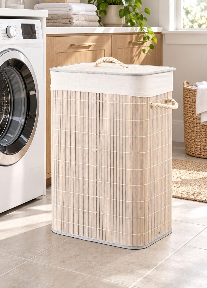 Durable Foldable Bamboo Laundry Basket Hamper | Rectangular | Removable Liner for Washing | Wire Frame | Rope Handles