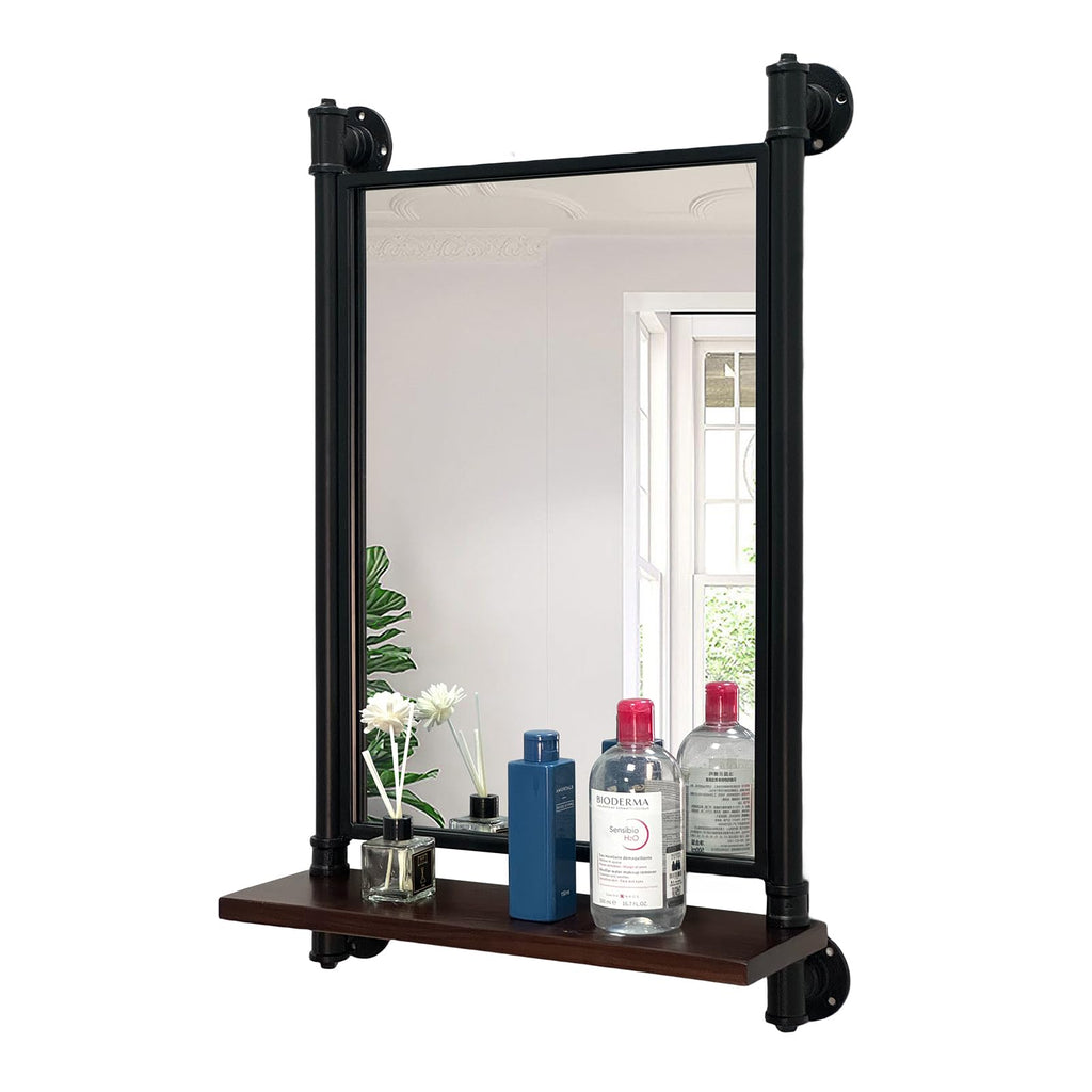 Industrial Pipe Wall Mirror with Shelf, Rustic Bathroom Mirror with Shelves