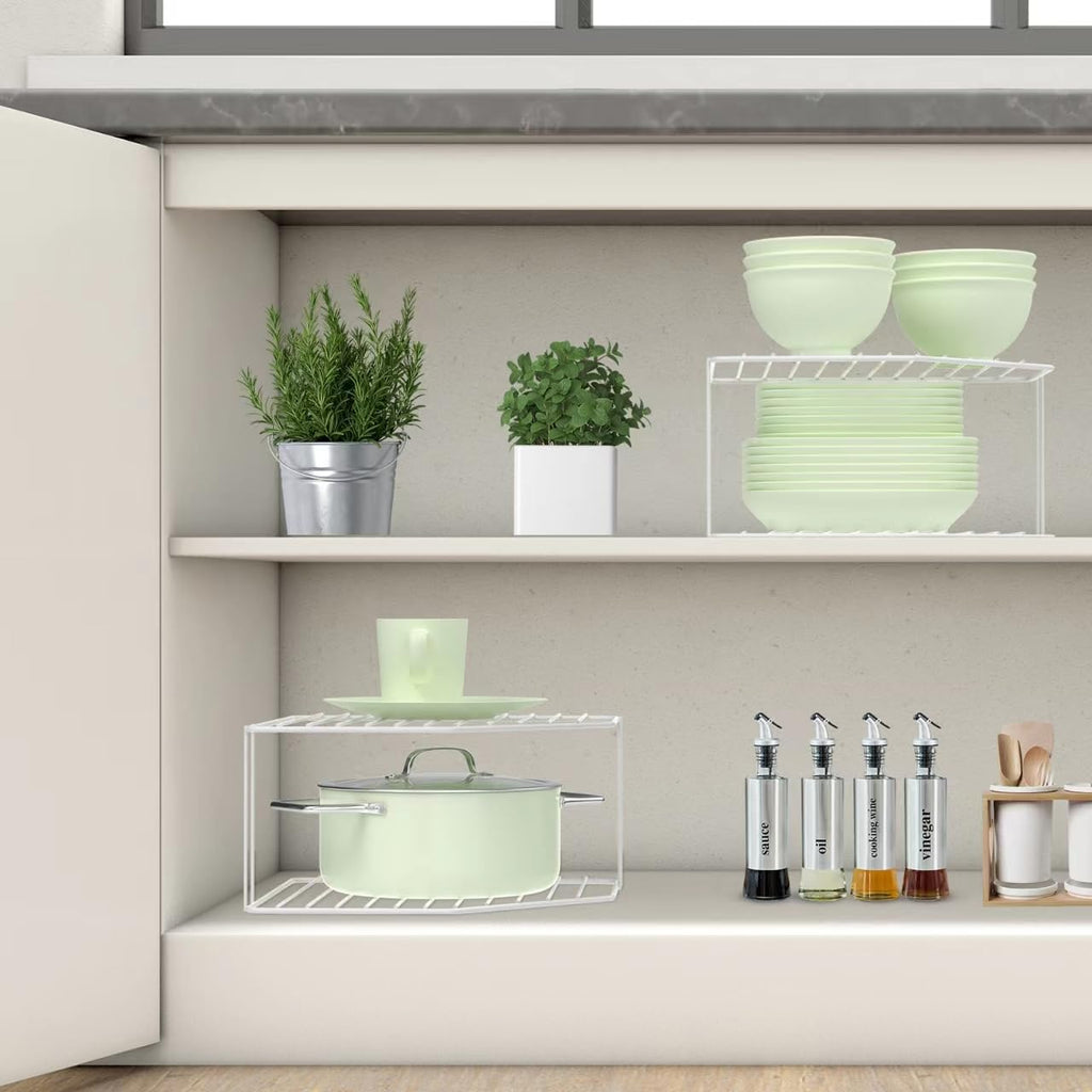 2Pcs 2-Tier Corner Stackable Organizer Shelf - Cabinet Storage Shelf Rack, Shelves, Kitchen Counter and Cabinet Shelf