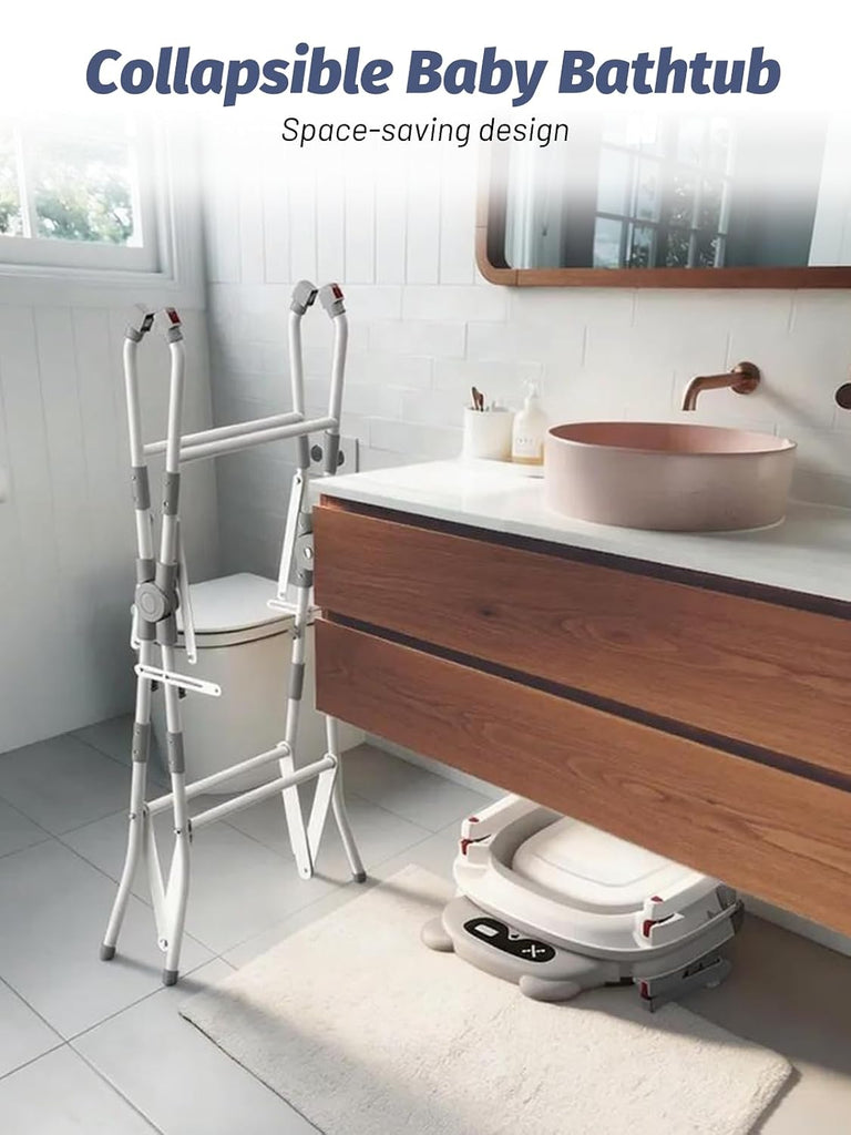Bathtub with Stand, Foldable Metal Standing Baby Bath Tub, in-1 Anti-Slip Collapsible Tub with Cushion Storage Pad