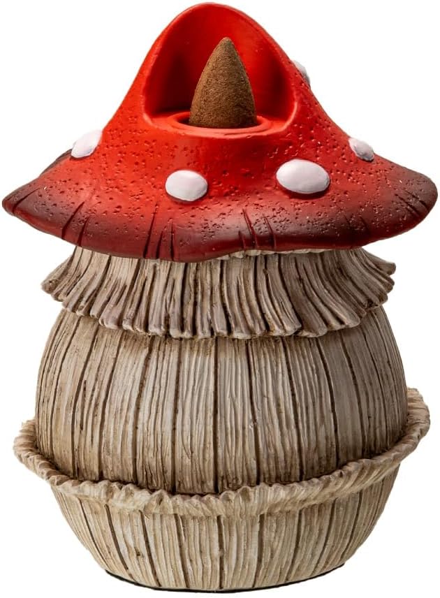 Enchanted Garden Mushroom Backflow Incense Cone Burner Red and White Spotted Toadstool Statue Decorative Figurine