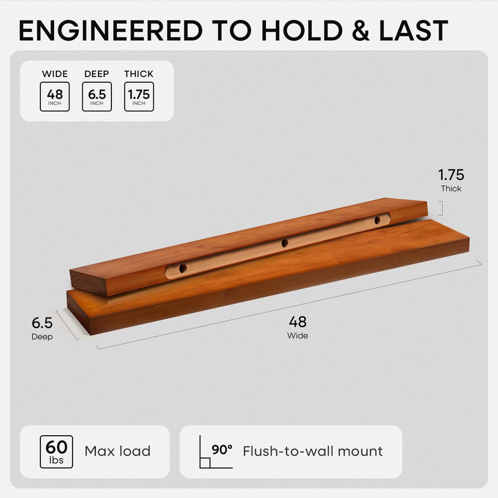 48 Inch Floating Shelves, High-End Solid Pine Wood, Set of 2
