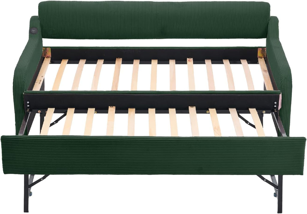 Twin-to-King Daybed with Pop-Up Trundle, USB Port, Corduroy, Green | Twin-to-king daybed with pop-up trundle