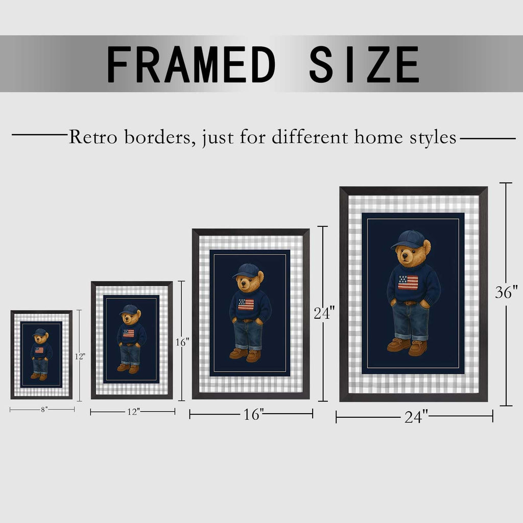 Navy Teddy Bear Canvas Wall Art Funny Bear In A Sweater Poster Preppy Lattice Abstract Animal Aesthetic Prints