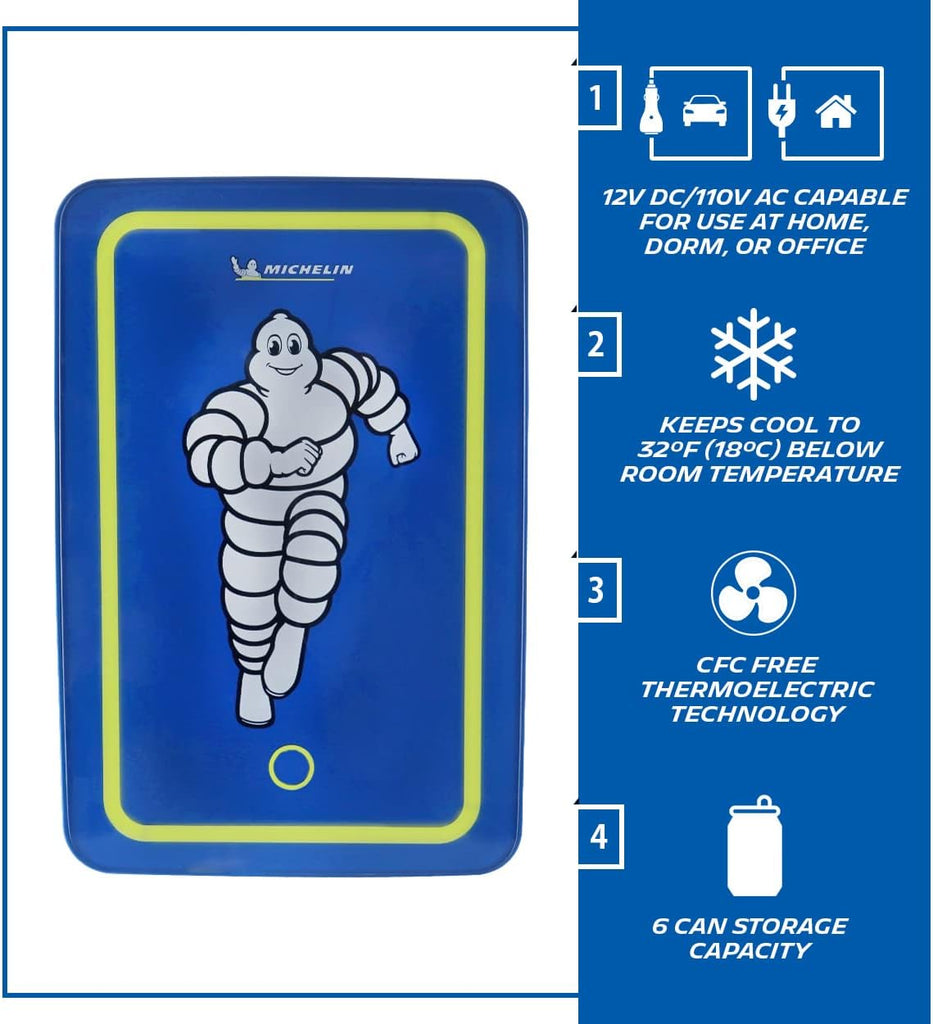 Michelin Portable 6 Can Mini Fridge, LED Lighted Door, 6L (6.3 qt) Capacity, Blue, Travel Cooler with 12V DC and AC