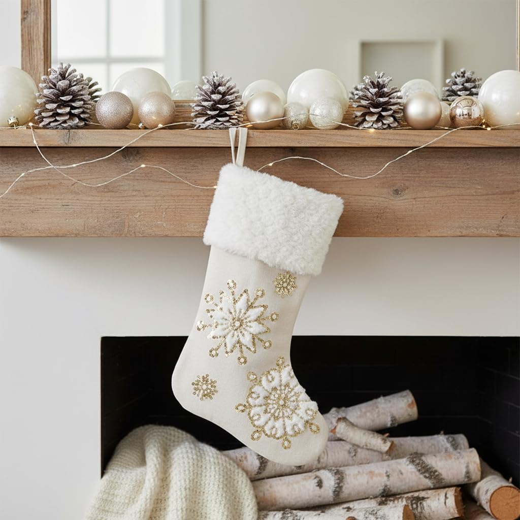 18 Inch Snowflake Christmas Stocking, Gold Décor