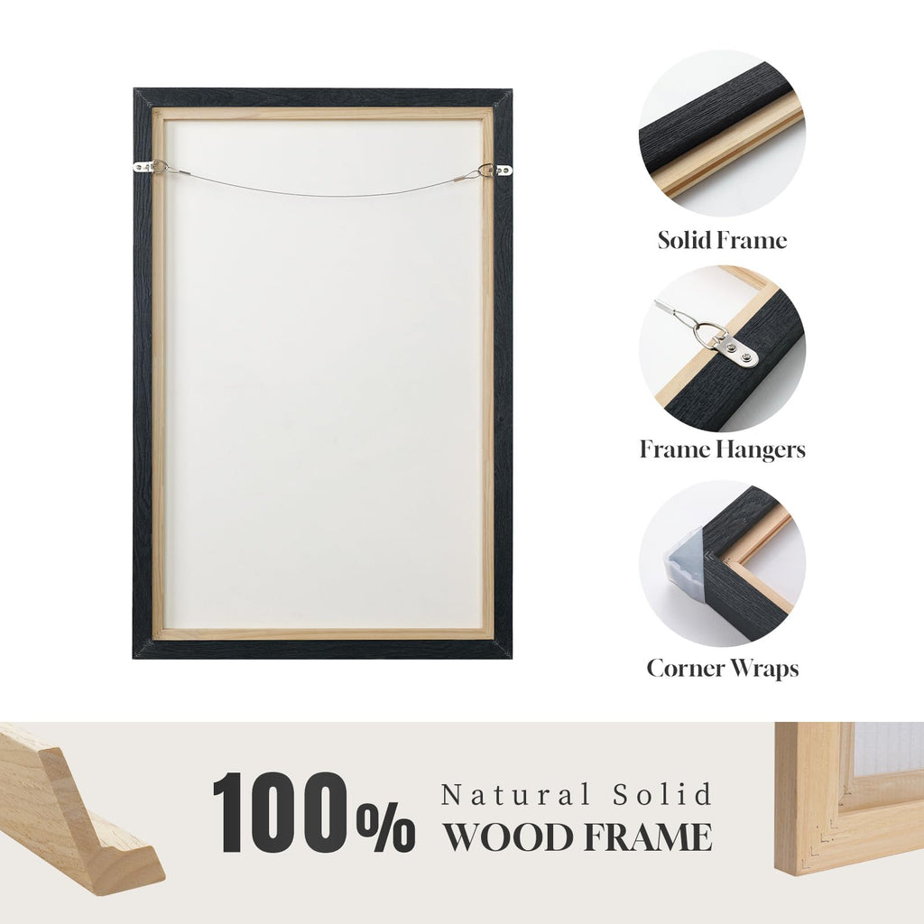 Extra Large Framed Black White Gold Abstract Wall Art, Vertical 40x60 In