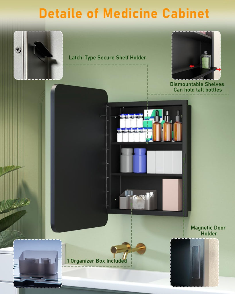 LED Medicine Cabinet Mirror with Lights 16x24 Inch | Wall Mounted or Recessed, Black Metal & Shatterproof Tempered