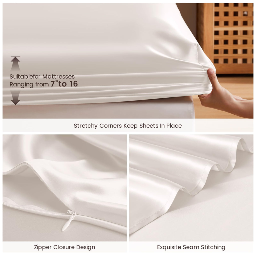 100% Pure Mulberry Silk Fitted Sheet 3Pcs Set Pearl White Twin