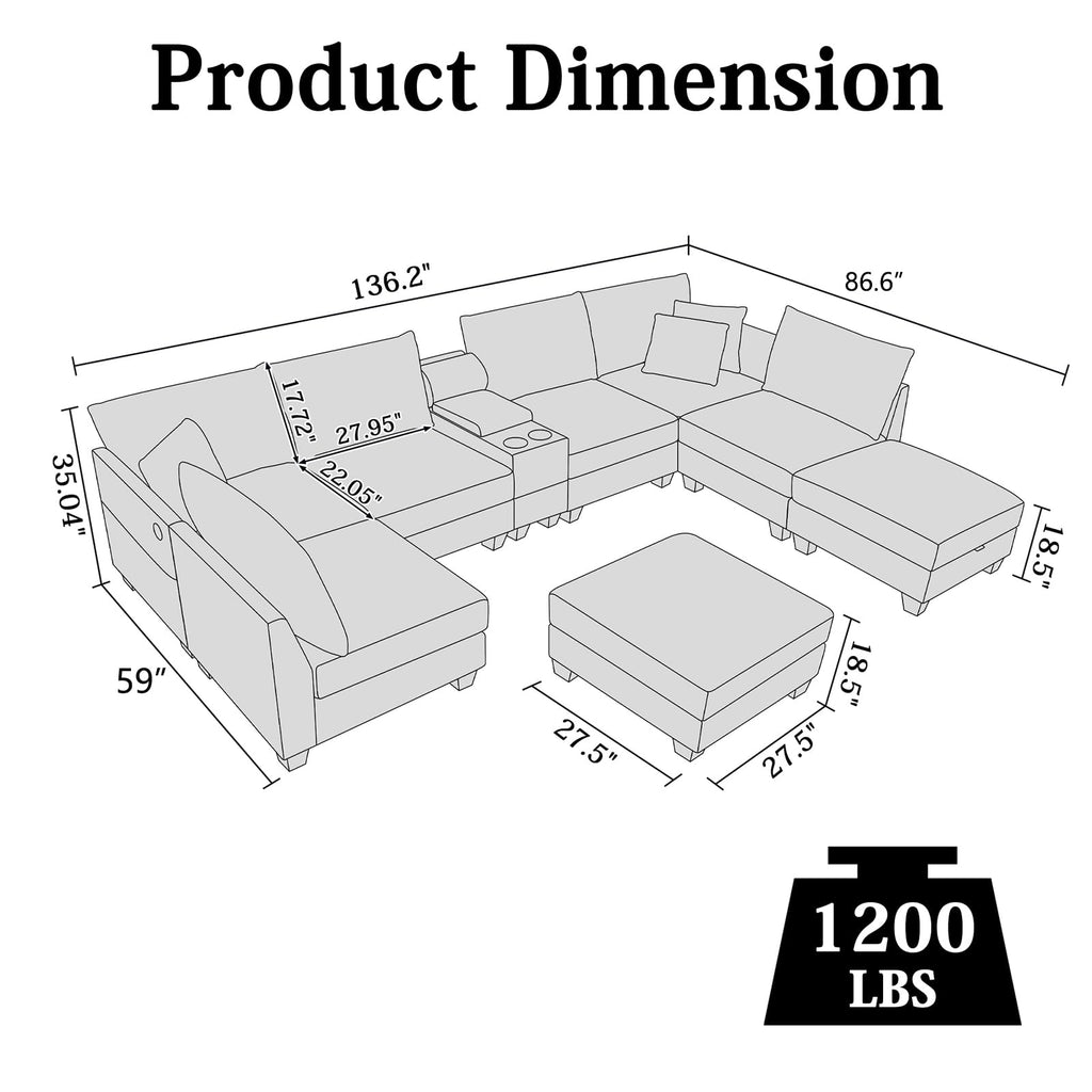 136" U Shaped 8 Seater Modular Sectional Sofa with Cup Holders