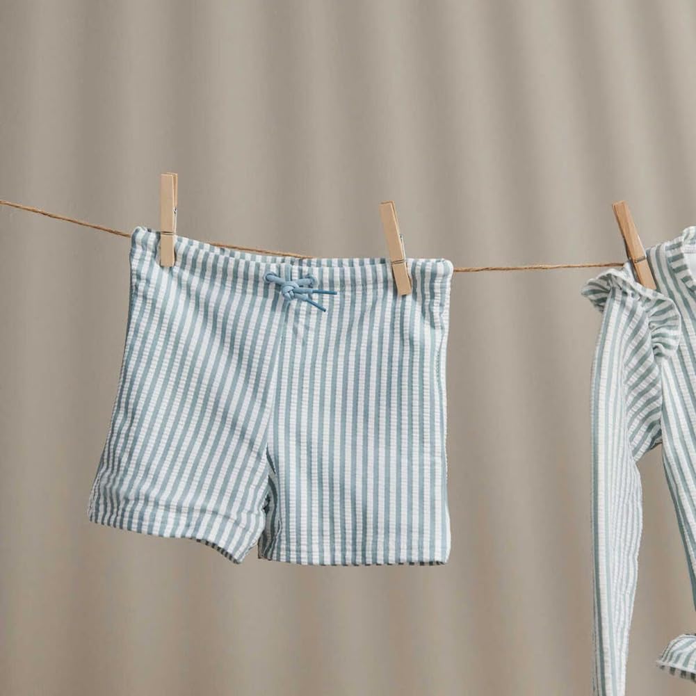 Toddler Boys Two Piece Swimsuit Rash Guard Set Long Sleeve Swim Shirt Swim Trunks& Shorts Blue Seersucker Bathing Suit