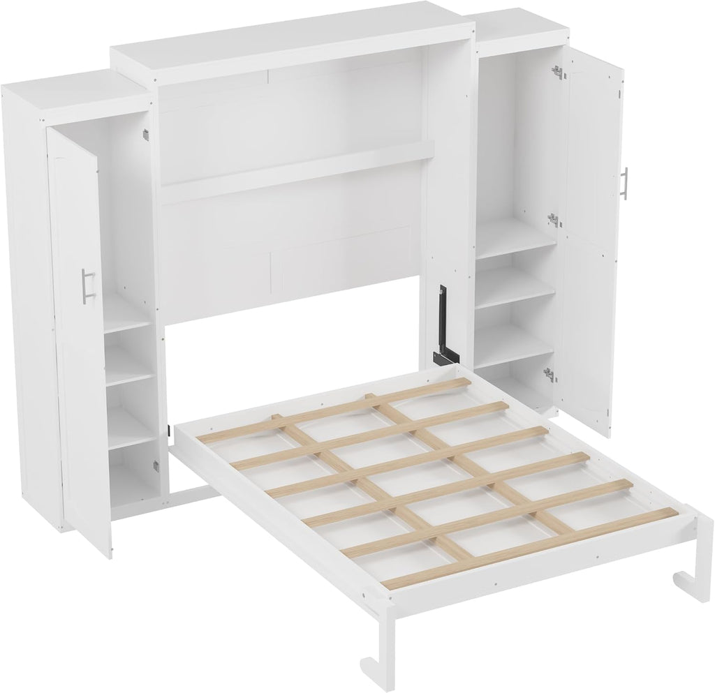 Full Vertical Murphy Bed with Wardrobe,Cabinet,and Storage Shelves,Wood Foldable Hidden Murphy Wall Bed for Adults