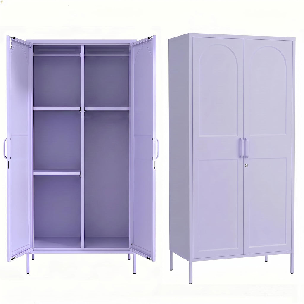 Lockable Closet Metal Wardrobe 67" Purple 2 Door Wardrobe Bedroom Storage Cabinet Adjustable shelf Multi functional