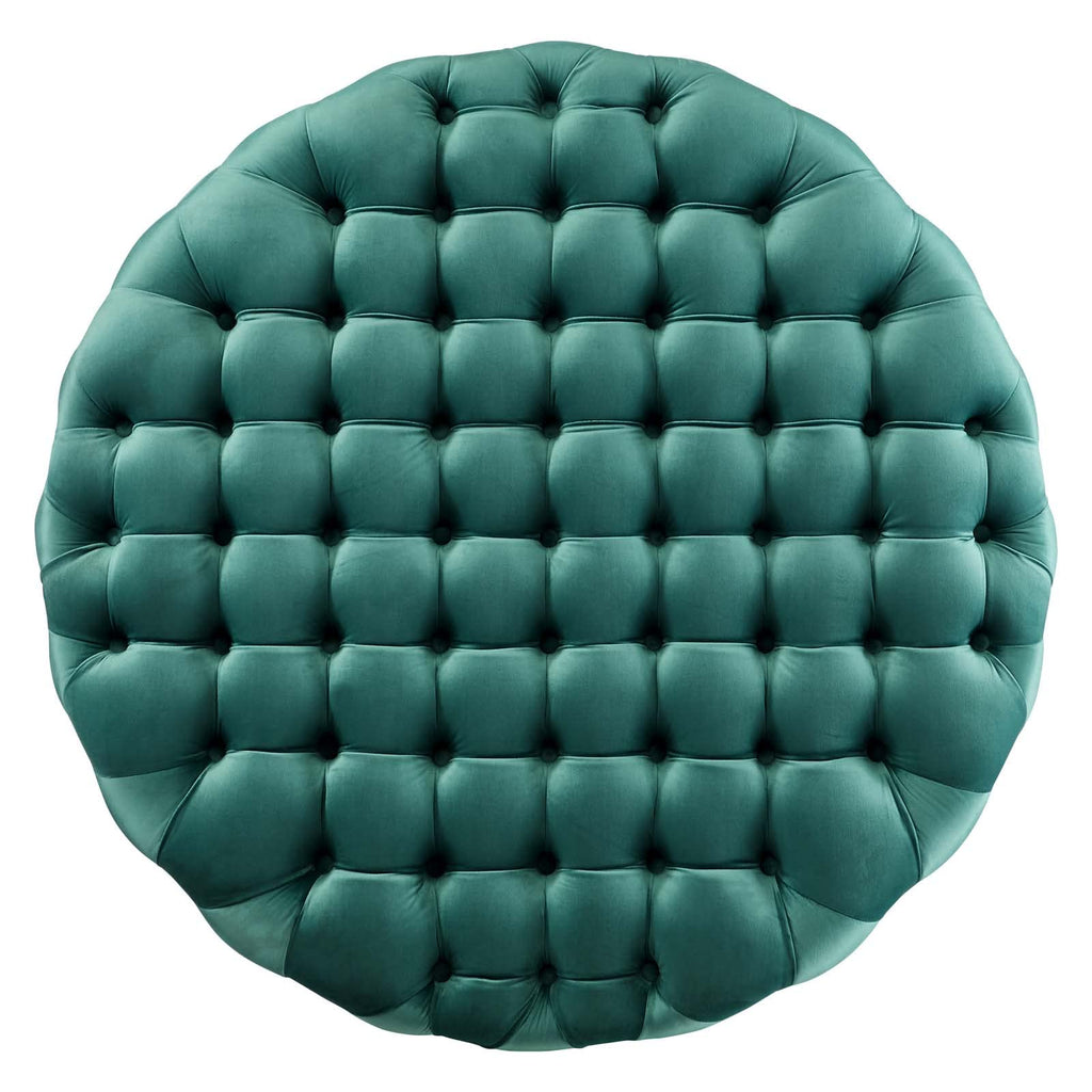Amour Tufted Button Large Round Performance Velvet Ottoman in Teal