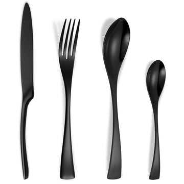 24 Pieces Black Silverware Set for 6, Heavy Duty 18/10 Stainless Steel Flatware Set with Forged Stand Knife, Modern