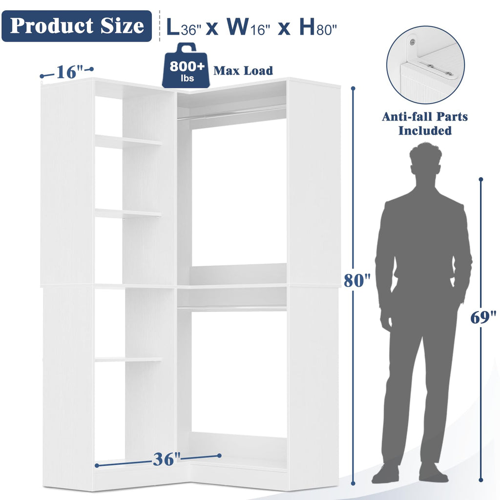 36'' Corner Closet System with Adjustable Shelves, Heavy Duty Corner Closet Organizer System with 7 Shelves & 2