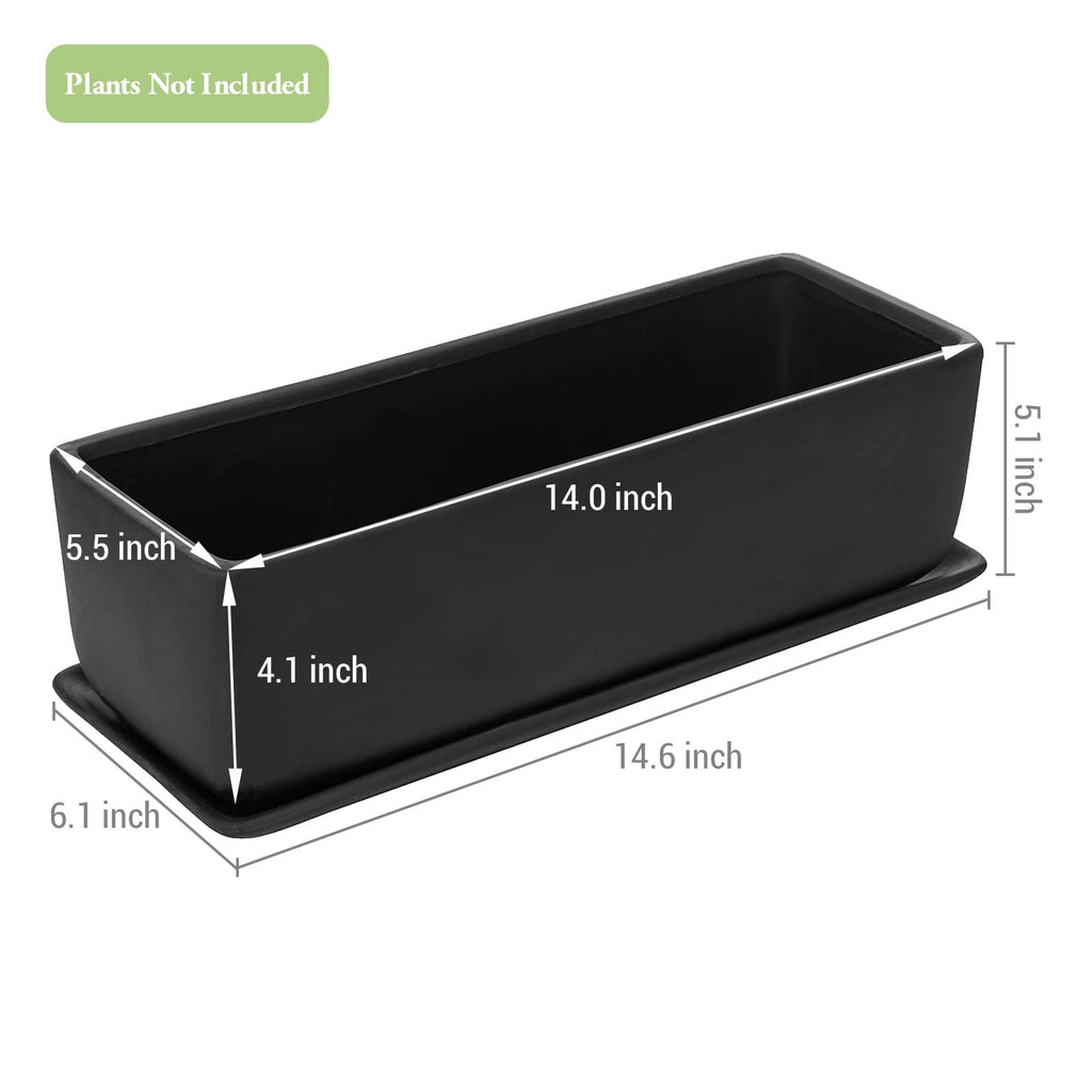 14 Inch Matte Black Ceramic Rectangular Succulent Planter