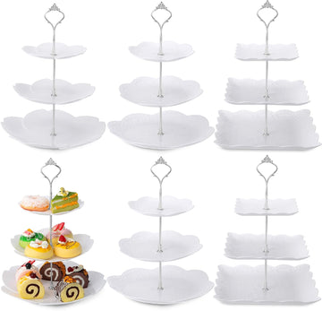 Tiered Serving Tray White Plastic Dessert Tower, Silver - Set of 6