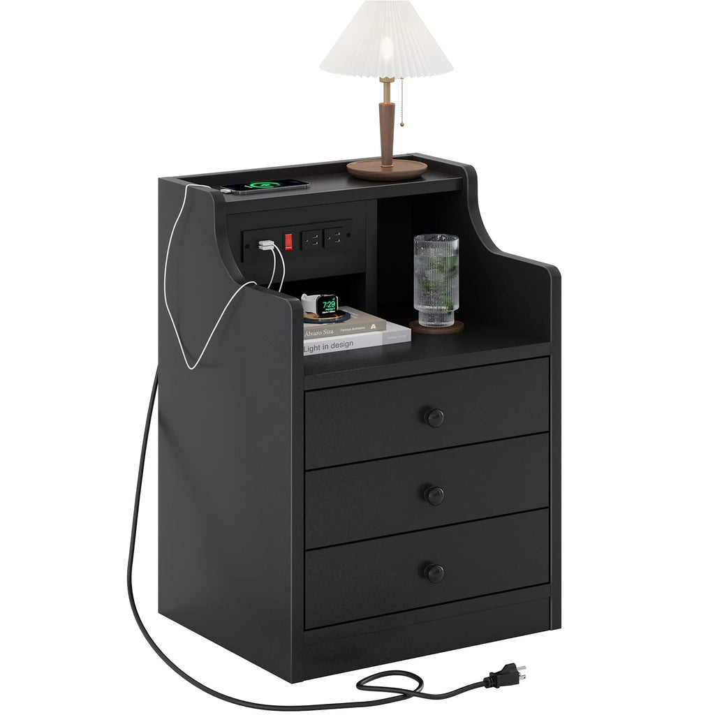 Black Nightstand with Charging Station & Drawers