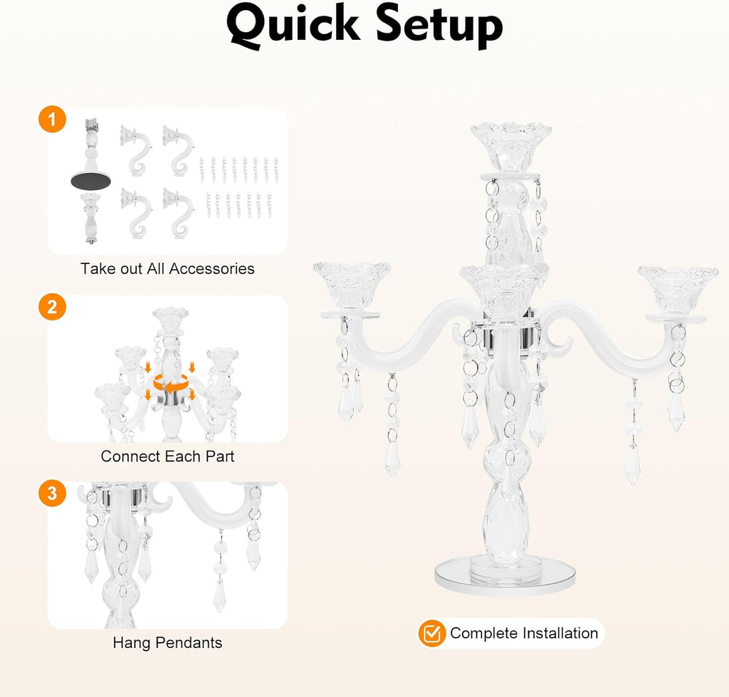 5-Arm Crystal Candelabra with Hanging Prisms & Round Mirror Base, Faceted Cut Crystal Glass, Clear Wedding